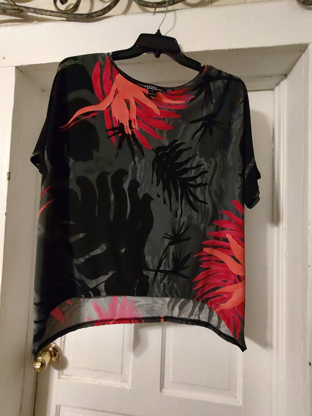 Black Tropical Print Short-Sleeve Blouse - Red Accent